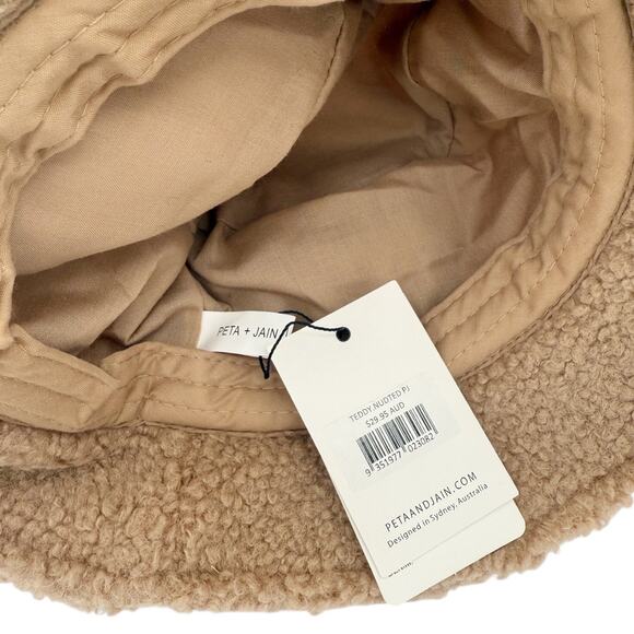 Peta + Jain Fuzzy Teddy Bucket Packable Beach Sun Hat in Nude Tan with Gold Logo - Picture 3 of 4